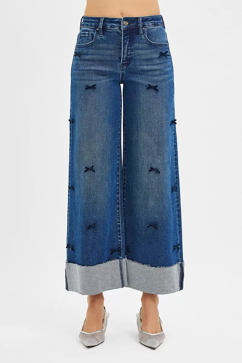 RISEN High Rise Crop Wide Leg Ribbon Detail Jeans - SwagglyLife Home & Fashion